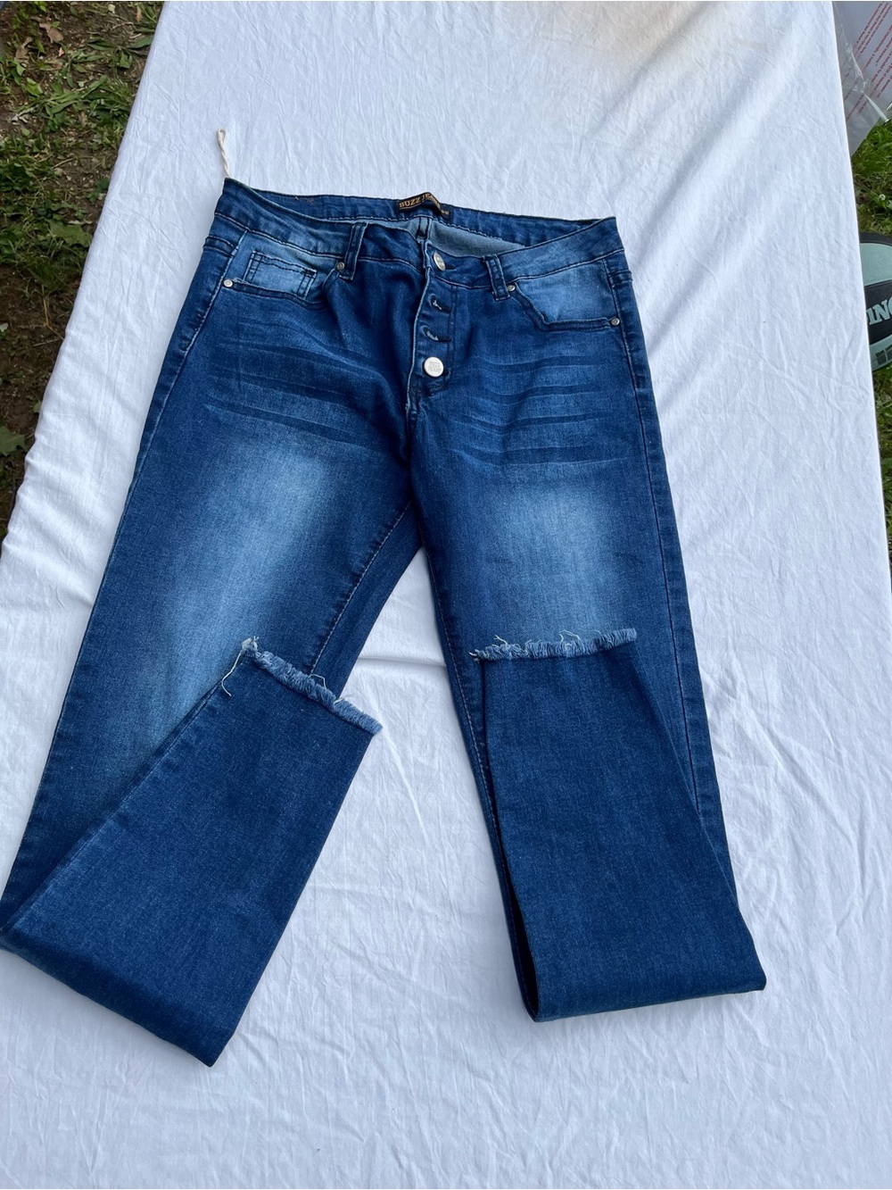 Buzz jeans women  Dark Blue Denim Jeans - Button Fly, Distressed Hem 9/10